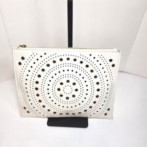 White Laser Cut Perforated Grommet Wristlet Clutch Bag with Gold Accents